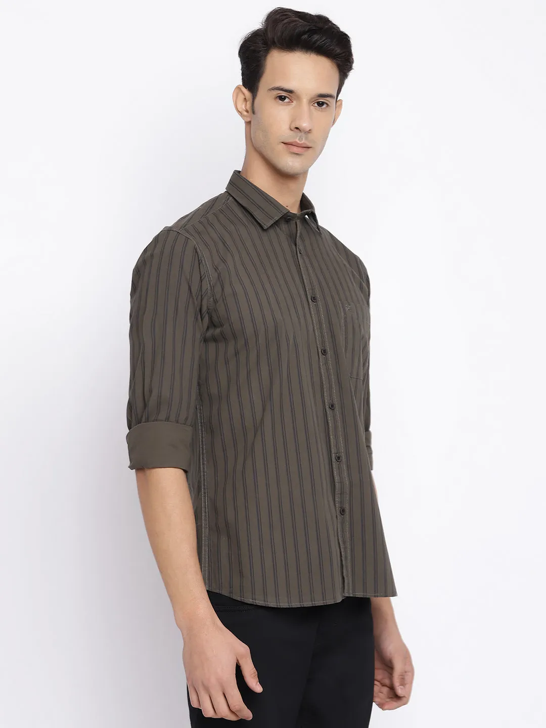 Men's Olive Green Casual Narrow Stripe Full Sleeve Shirt