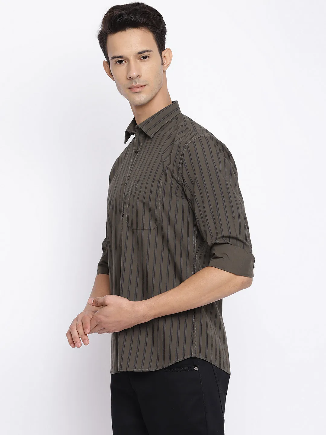 Men's Olive Green Casual Narrow Stripe Full Sleeve Shirt