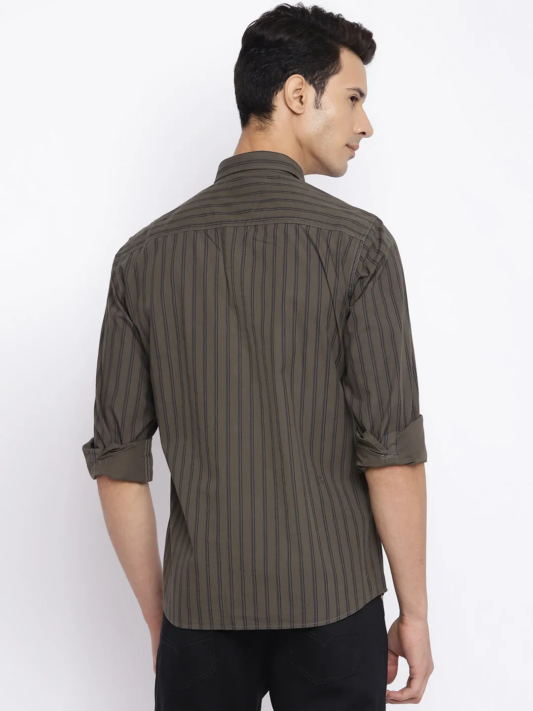 Men's Olive Green Casual Narrow Stripe Full Sleeve Shirt