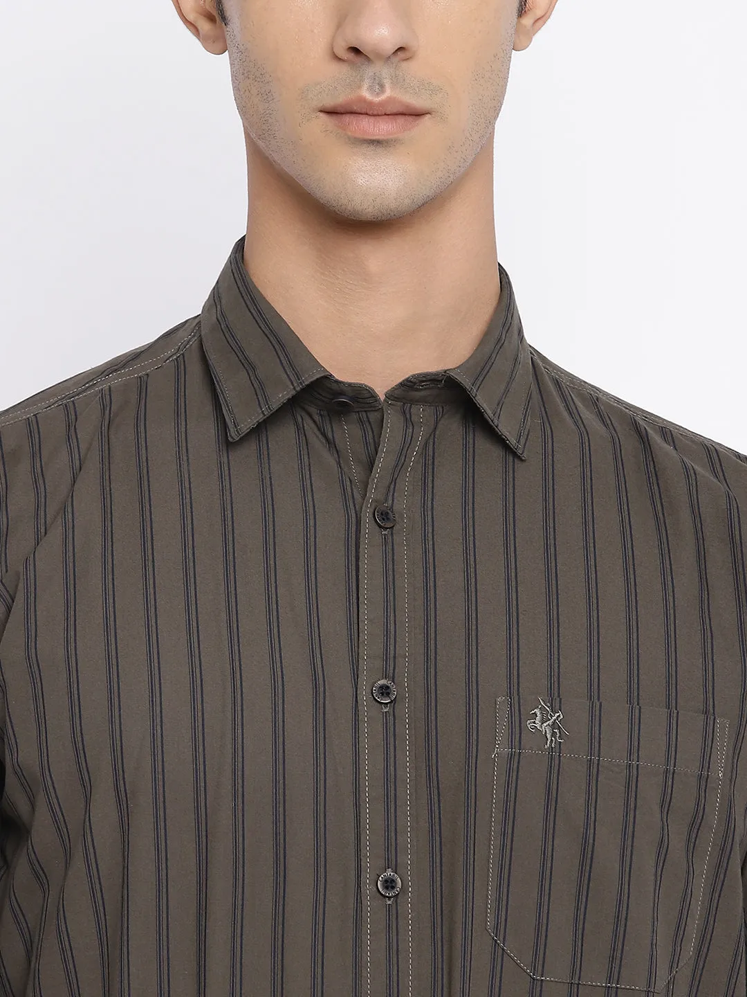 Men's Olive Green Casual Narrow Stripe Full Sleeve Shirt