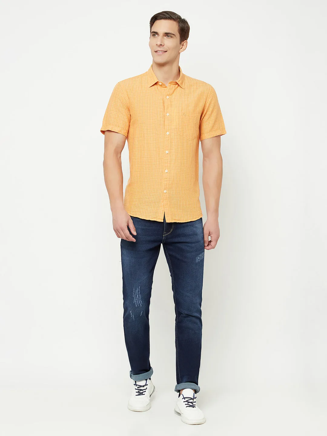 Men's Orange Casual Small Checks Half Sleeve Shirt