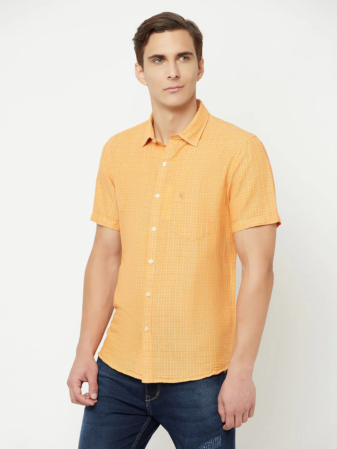 Men's Orange Casual Small Checks Half Sleeve Shirt