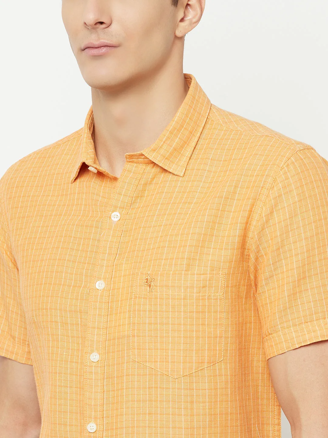 Men's Orange Casual Small Checks Half Sleeve Shirt