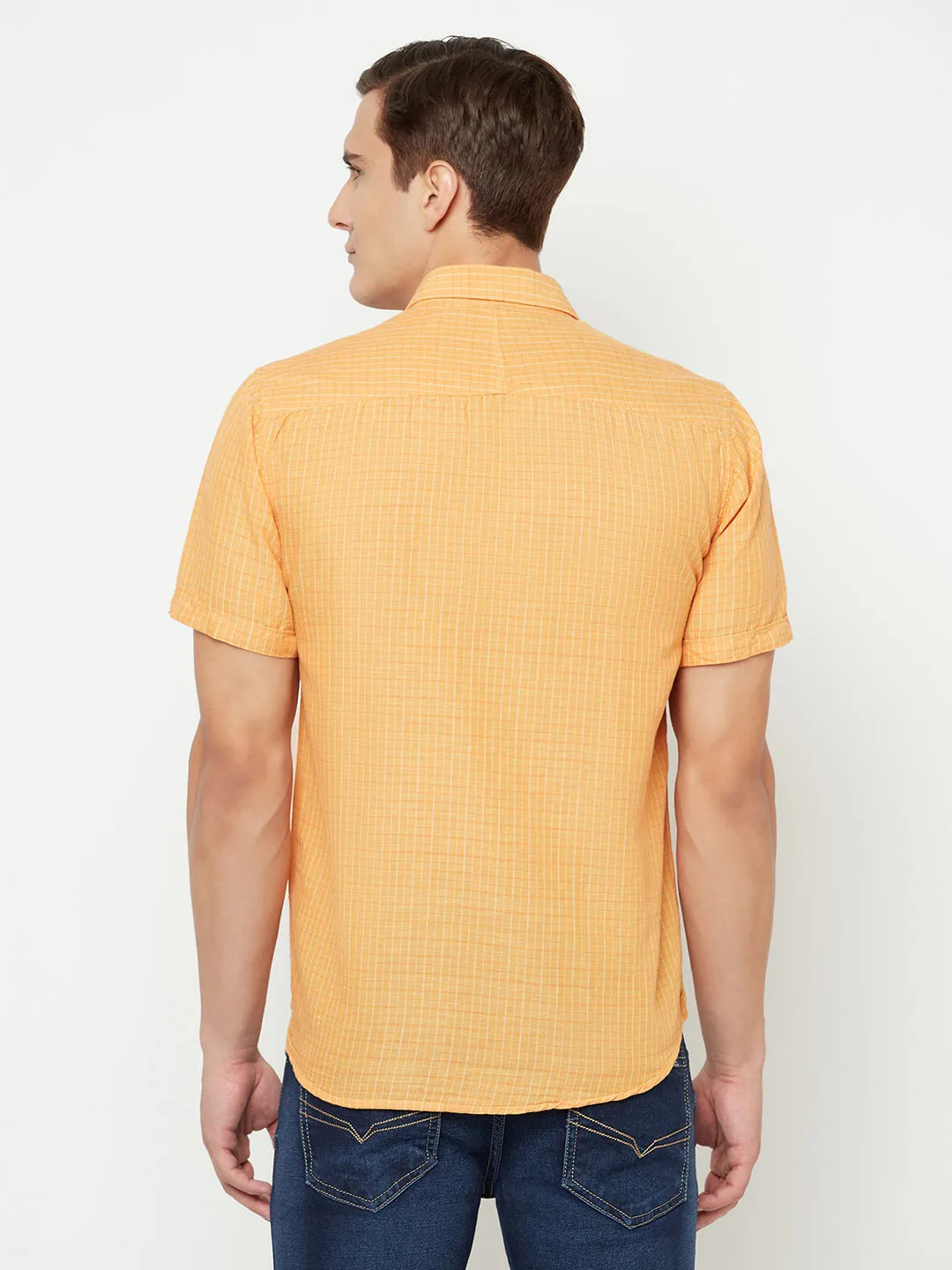 Men's Orange Casual Small Checks Half Sleeve Shirt