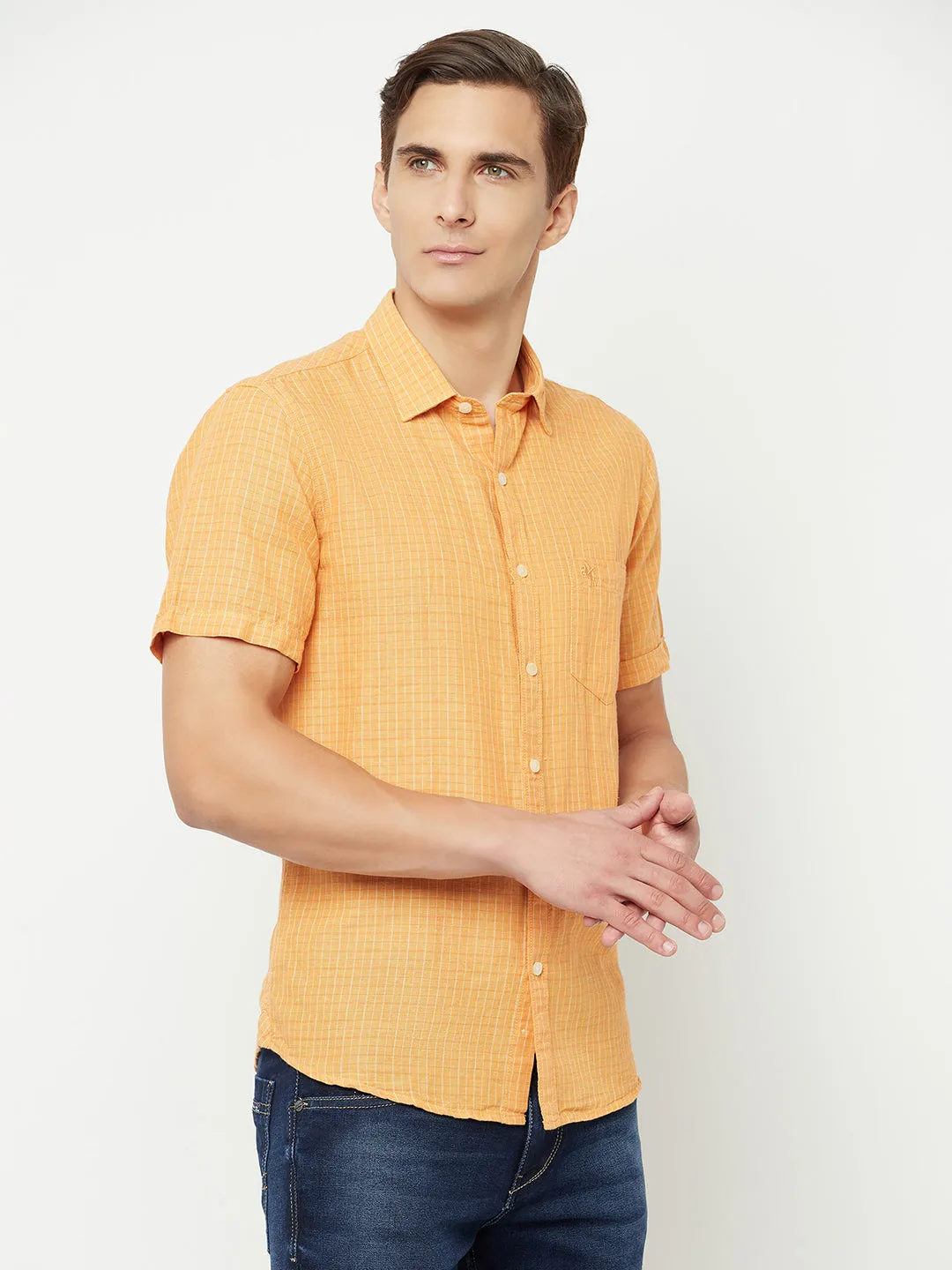 Men's Orange Casual Small Checks Half Sleeve Shirt