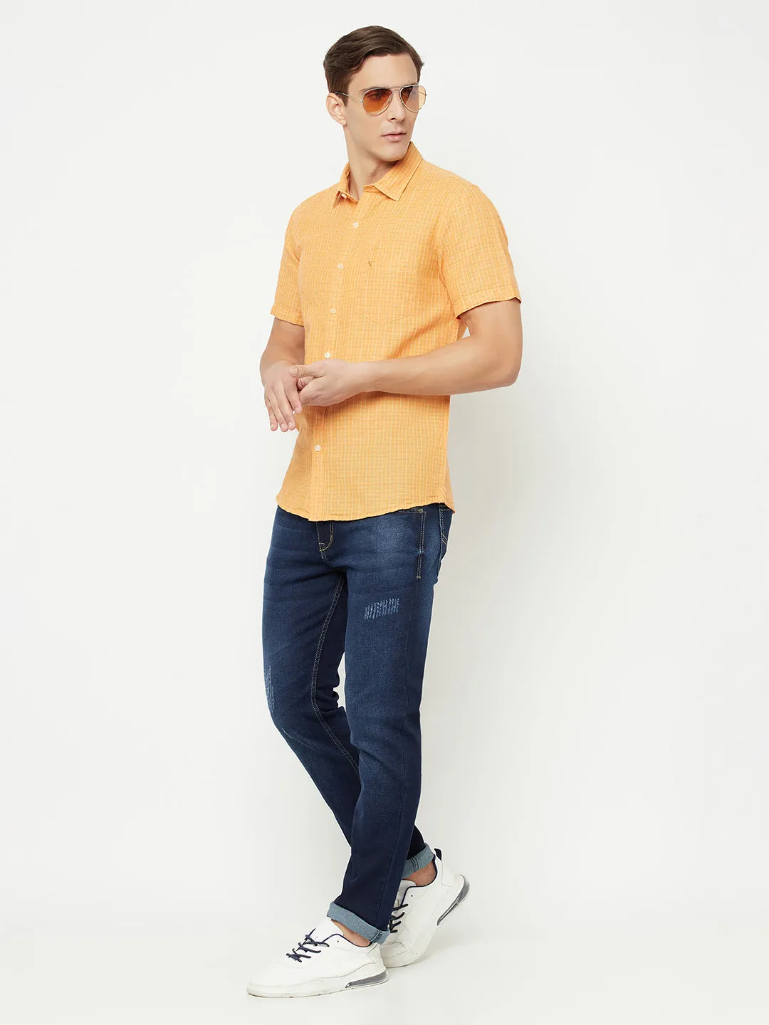 Men's Orange Casual Small Checks Half Sleeve Shirt