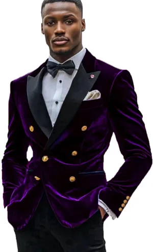 Men's Velvet Blazer Double Breasted Overcoat Notch Lapel Dinner Suit Jacket Coat for Prom Wedding Party Dinner