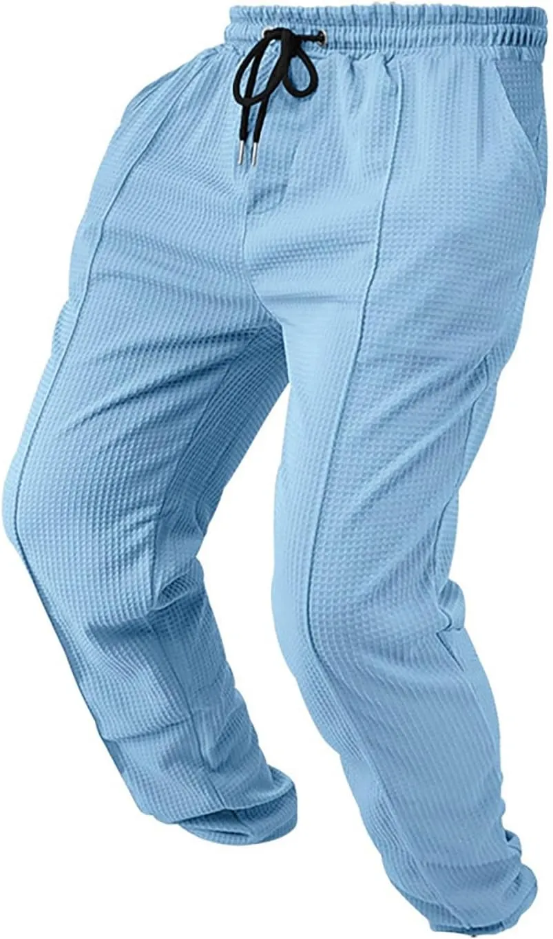 Men's Waffle Pants Textured Dress Slacks Summer Straight Leg Flat Front Sweatpants Drawstring Waist Loose Fit Trouser