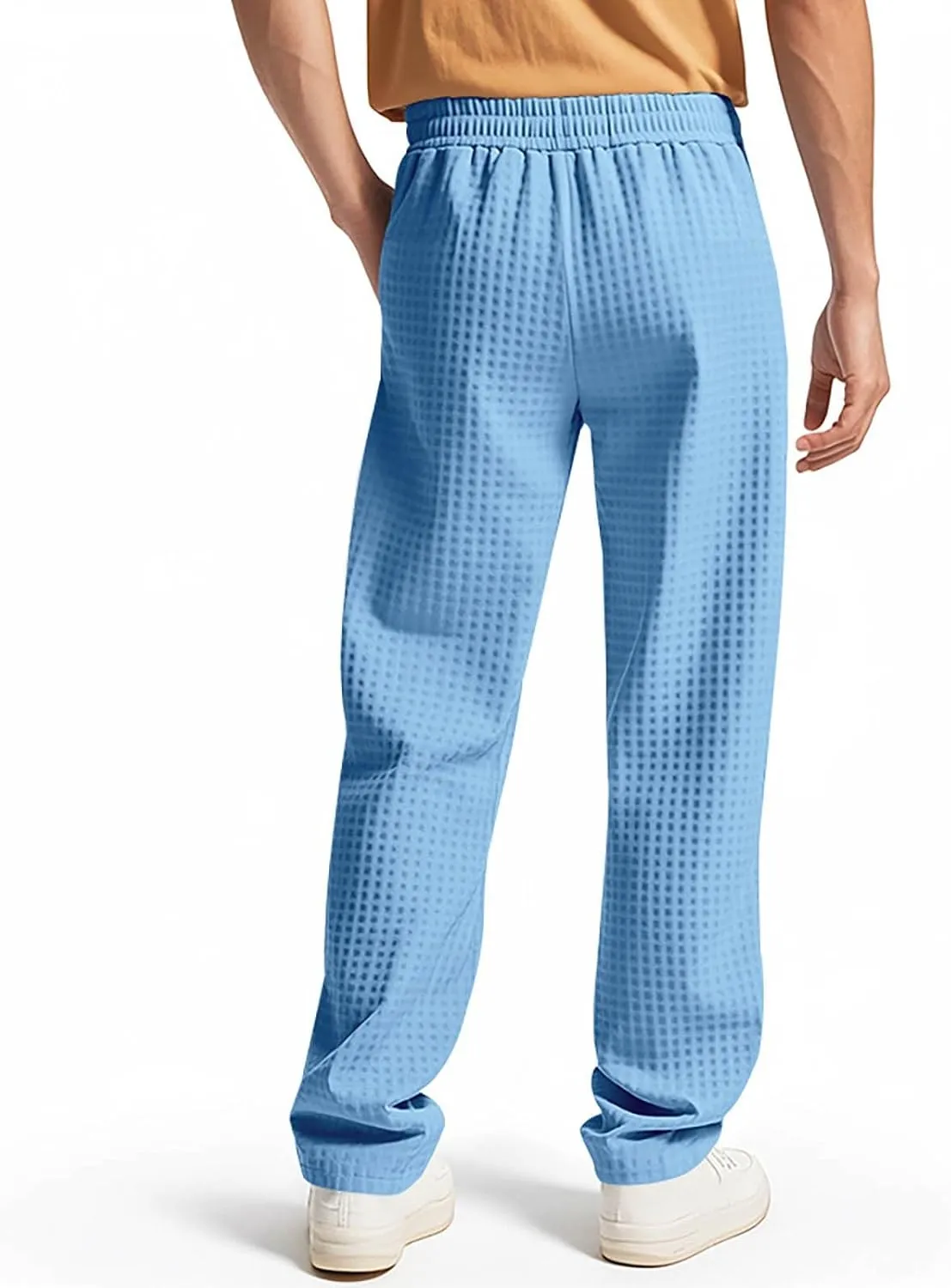 Men's Waffle Pants Textured Dress Slacks Summer Straight Leg Flat Front Sweatpants Drawstring Waist Loose Fit Trouser
