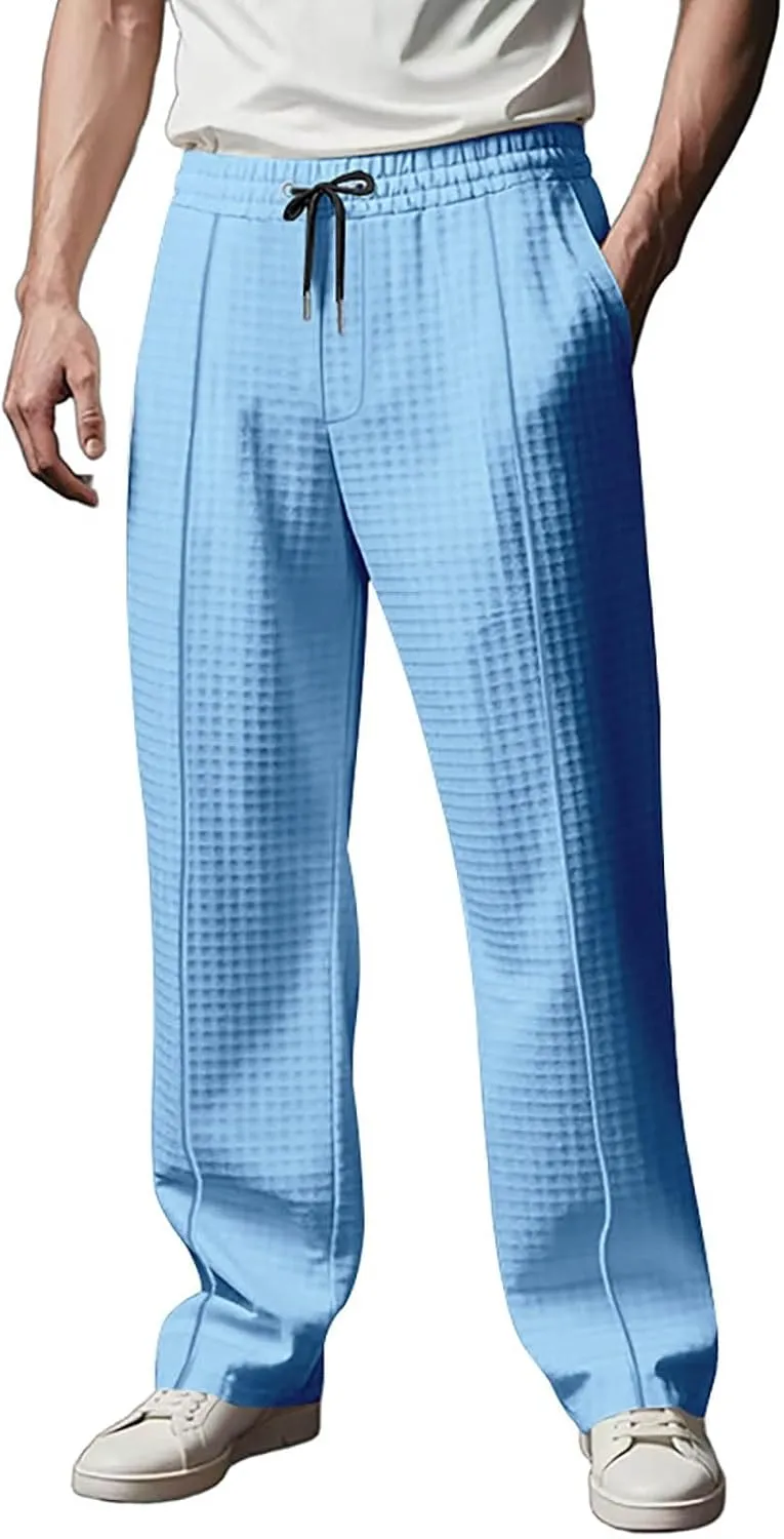 Men's Waffle Pants Textured Dress Slacks Summer Straight Leg Flat Front Sweatpants Drawstring Waist Loose Fit Trouser