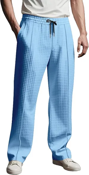 Men's Waffle Pants Textured Dress Slacks Summer Straight Leg Flat Front Sweatpants Drawstring Waist Loose Fit Trouser