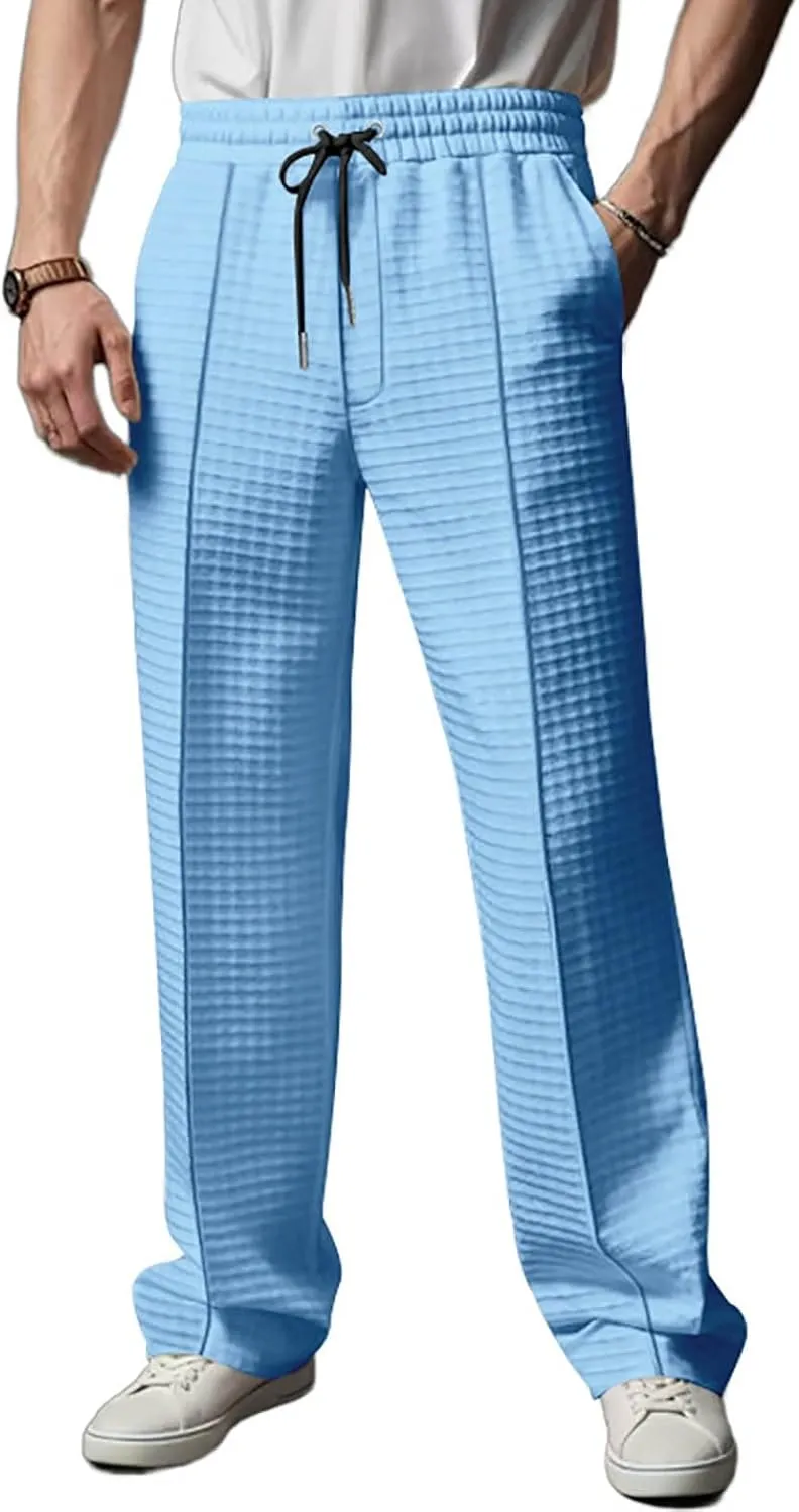 Men's Waffle Pants Textured Dress Slacks Summer Straight Leg Flat Front Sweatpants Drawstring Waist Loose Fit Trouser