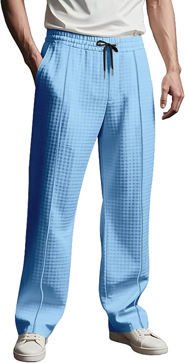Men's Waffle Pants Textured Dress Slacks Summer Straight Leg Flat Front Sweatpants Drawstring Waist Loose Fit Trouser