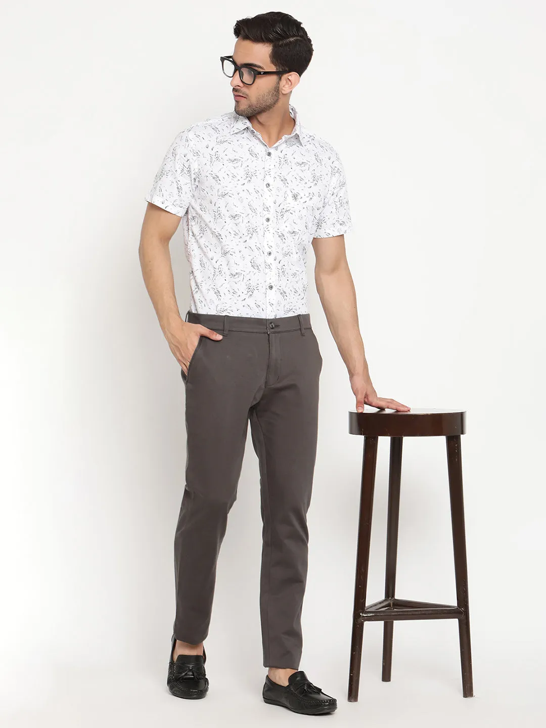 Men's White Casual Ditsy Print Half Sleeve Shirt