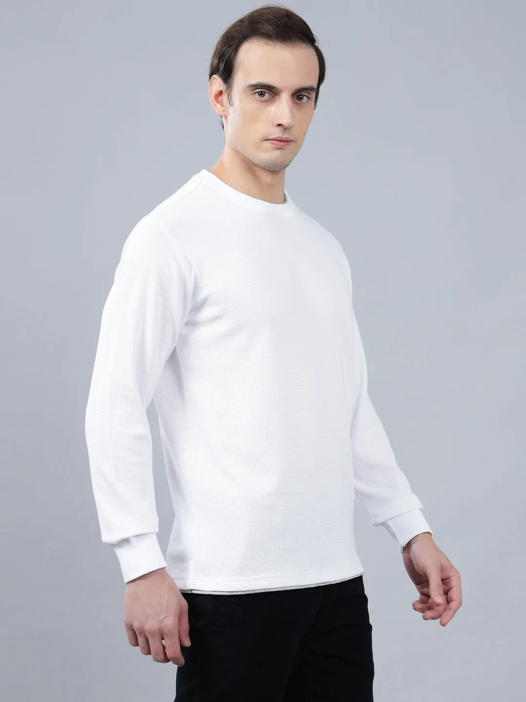 Men's White Self Design Full Sleeves T-shirt For Winter