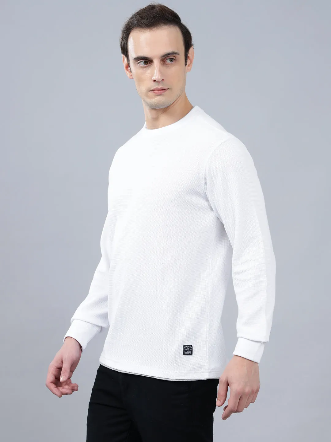 Men's White Self Design Full Sleeves T-shirt For Winter