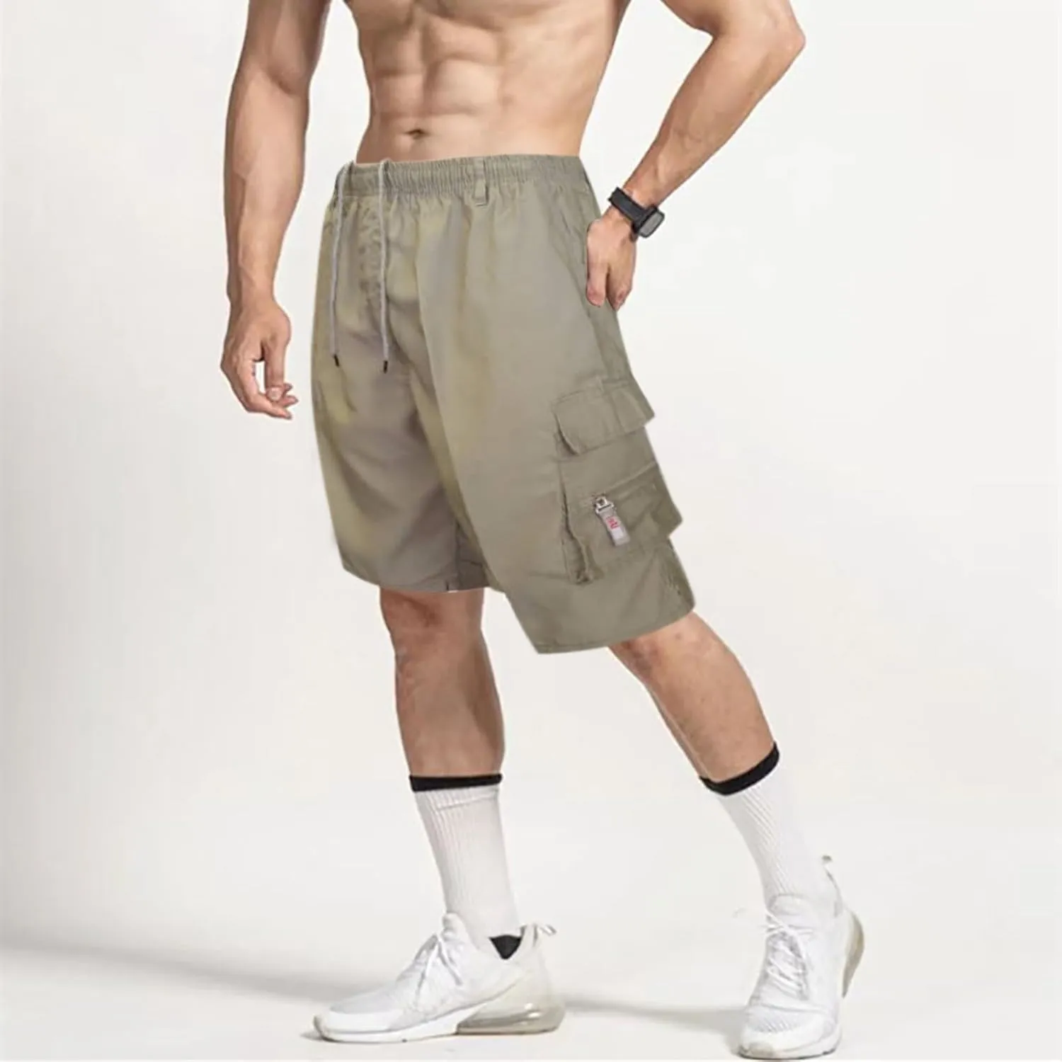Men's Zipper Pockets Hiking Athletic Running Shorts, Multi Pocket Lightweight Quick Dry Elastic Waist Workout Shorts