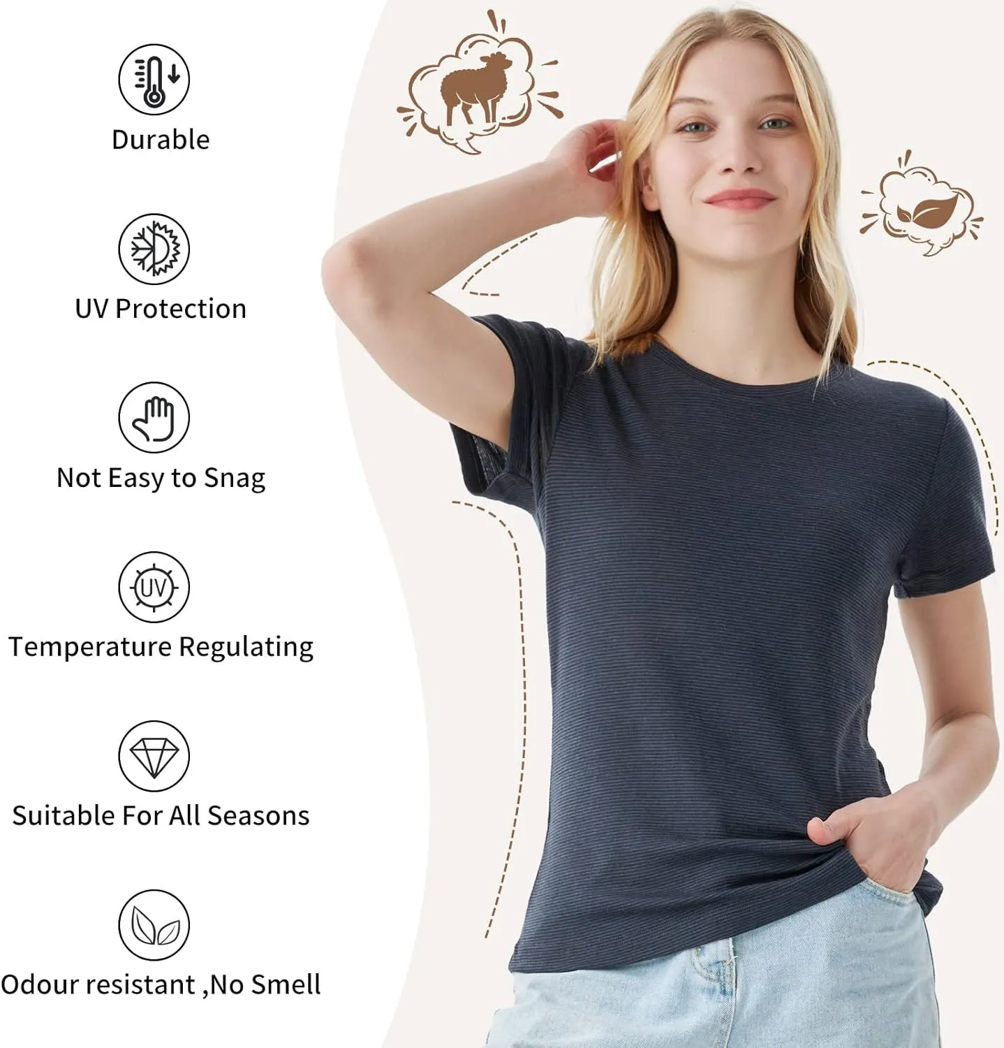 Merino Protect 100% Merino Wool T Shirts Women Crew Neck Tops Short Sleeve Odor Resistance Base Layer Travel Hiking Tee Shirt