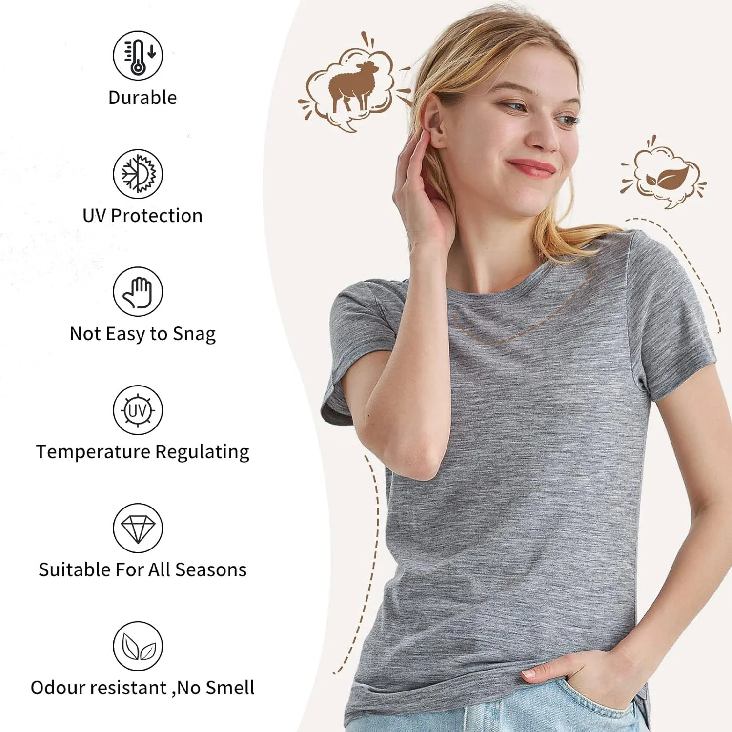 Merino Protect 100% Merino Wool T Shirts Women Crew Neck Tops Short Sleeve Odor Resistance Base Layer Travel Hiking Tee Shirt