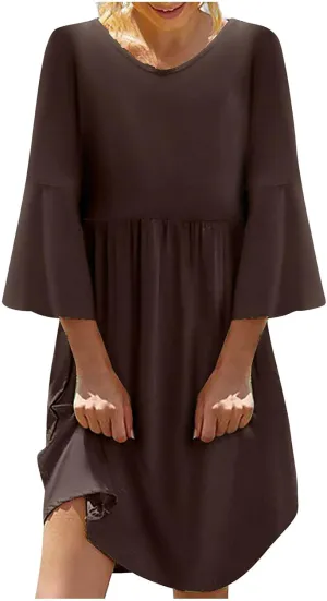 Midi Dress Women Plain 3/4 Sleeve Ruffle Aline Swing Casual Dresses Fashion Trendy 2025 Plus Size Cotton Linen Clothes