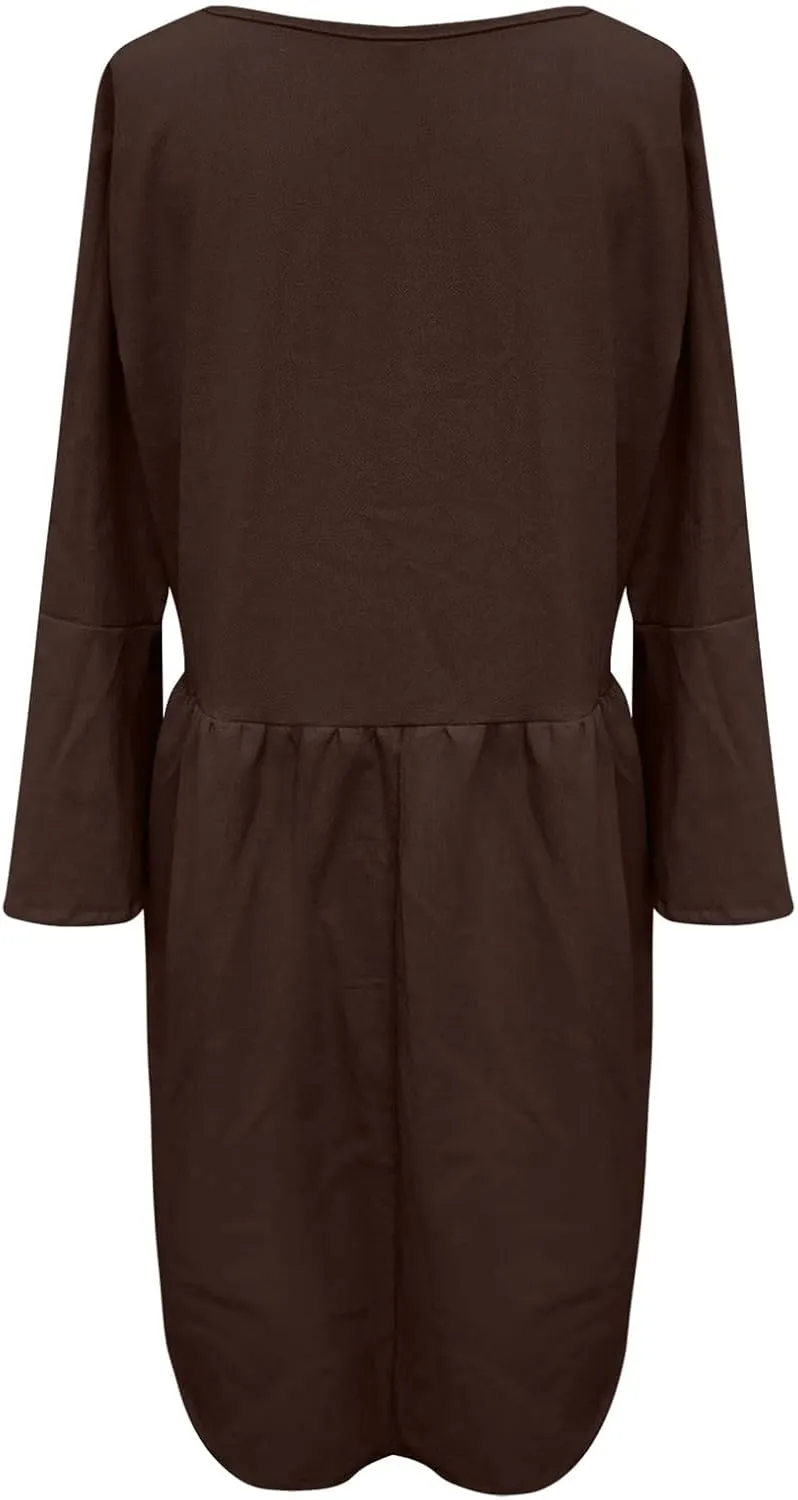 Midi Dress Women Plain 3/4 Sleeve Ruffle Aline Swing Casual Dresses Fashion Trendy 2025 Plus Size Cotton Linen Clothes