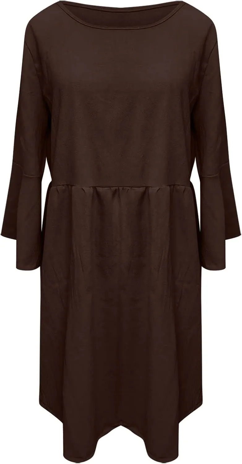 Midi Dress Women Plain 3/4 Sleeve Ruffle Aline Swing Casual Dresses Fashion Trendy 2025 Plus Size Cotton Linen Clothes