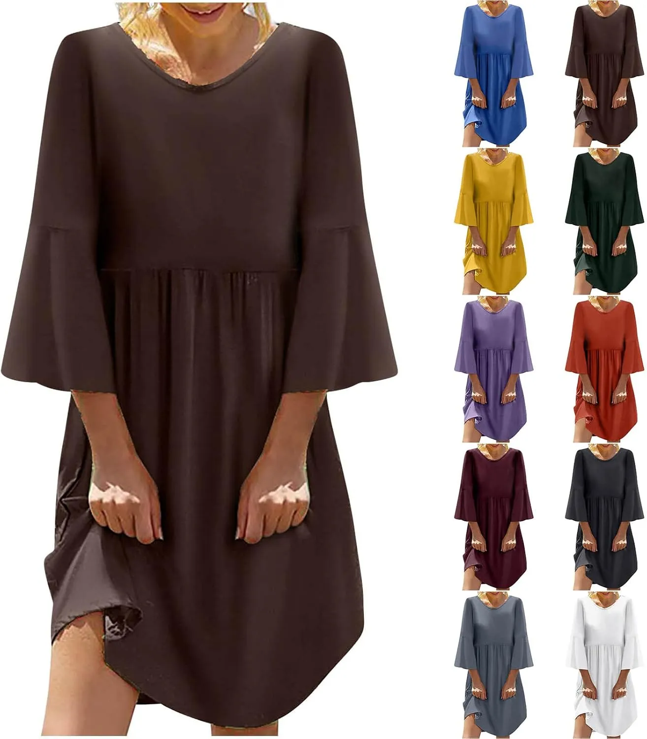 Midi Dress Women Plain 3/4 Sleeve Ruffle Aline Swing Casual Dresses Fashion Trendy 2025 Plus Size Cotton Linen Clothes