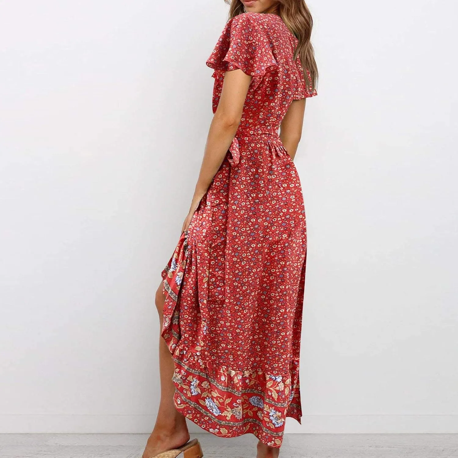 Midi Dresses for Women,Womens Summer Short Sleeve Wrap V Neck Tie Waist Split Ruffle Flowy Bohemian Floral Dress