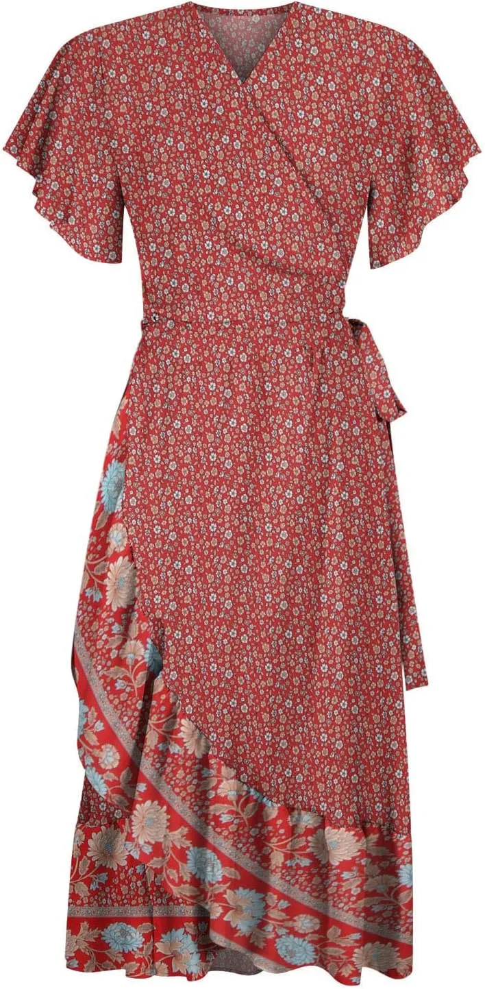 Midi Dresses for Women,Womens Summer Short Sleeve Wrap V Neck Tie Waist Split Ruffle Flowy Bohemian Floral Dress