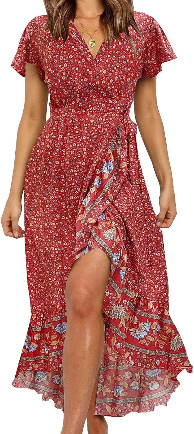 Midi Dresses for Women,Womens Summer Short Sleeve Wrap V Neck Tie Waist Split Ruffle Flowy Bohemian Floral Dress