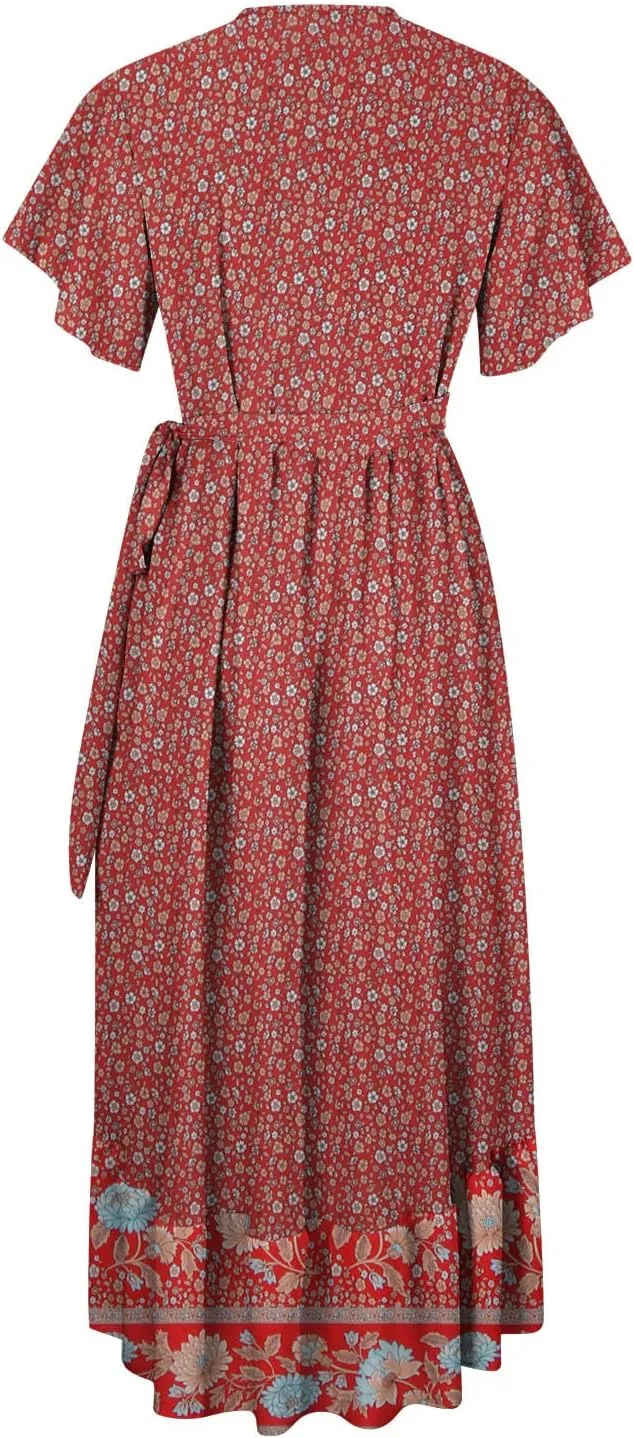 Midi Dresses for Women,Womens Summer Short Sleeve Wrap V Neck Tie Waist Split Ruffle Flowy Bohemian Floral Dress