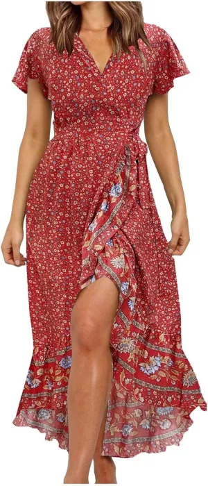 Midi Dresses for Women,Womens Summer Short Sleeve Wrap V Neck Tie Waist Split Ruffle Flowy Bohemian Floral Dress