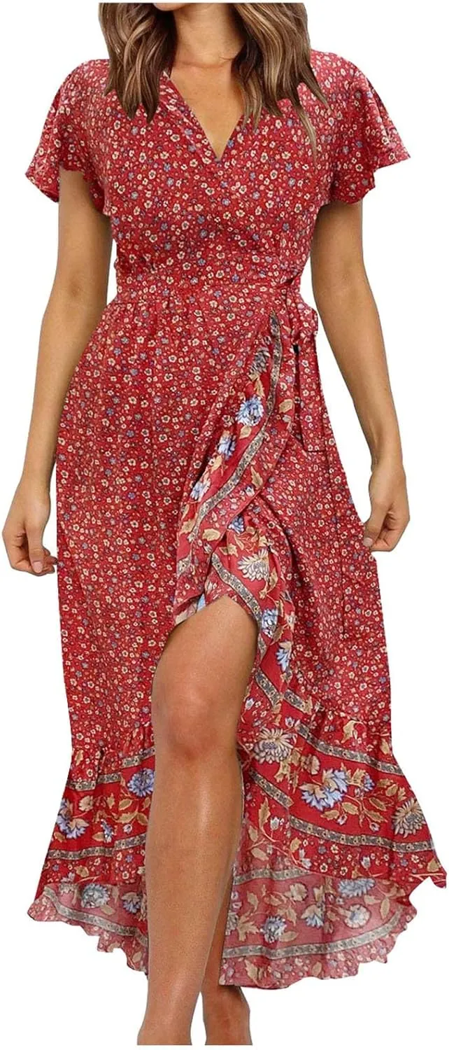 Midi Dresses for Women,Womens Summer Short Sleeve Wrap V Neck Tie Waist Split Ruffle Flowy Bohemian Floral Dress