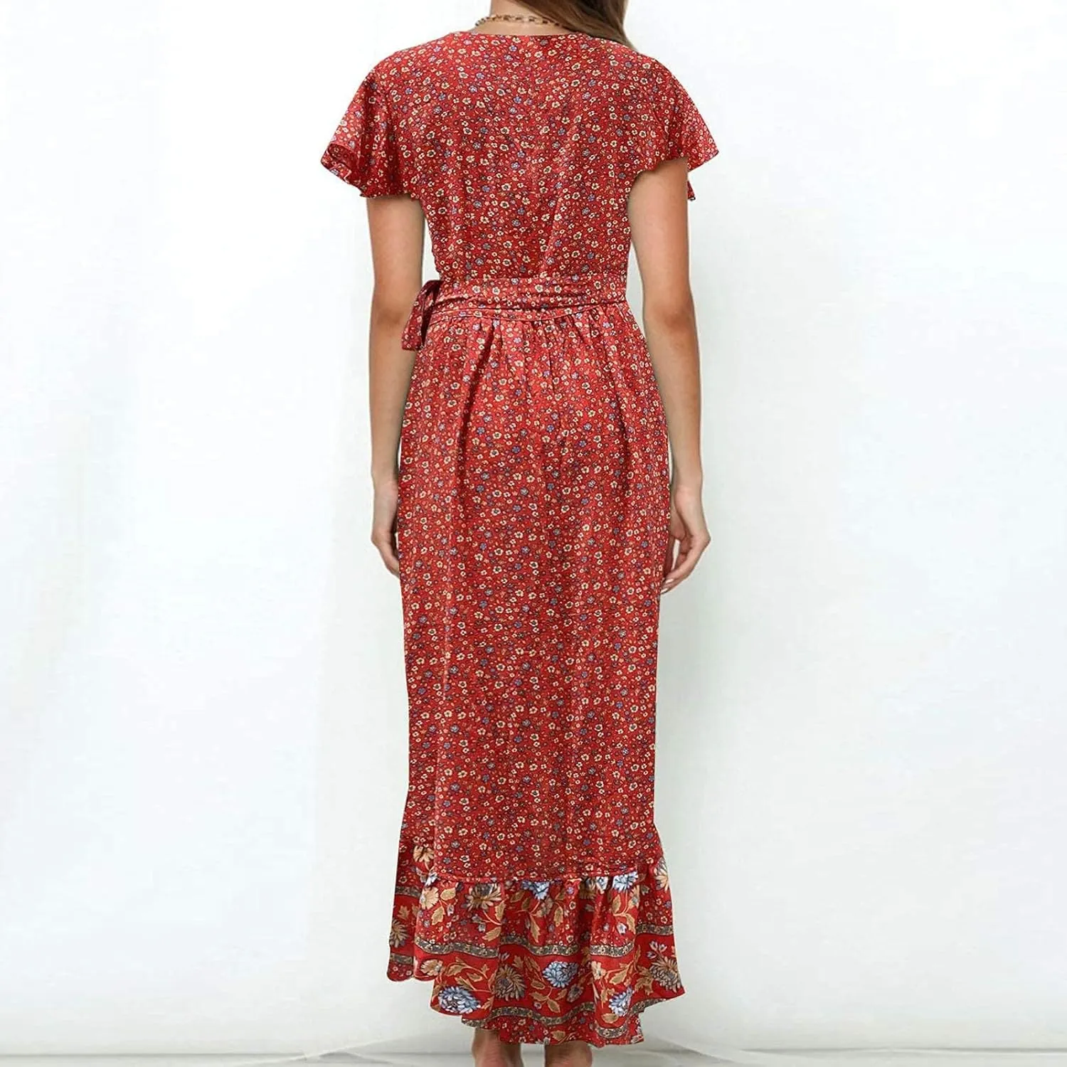 Midi Dresses for Women,Womens Summer Short Sleeve Wrap V Neck Tie Waist Split Ruffle Flowy Bohemian Floral Dress