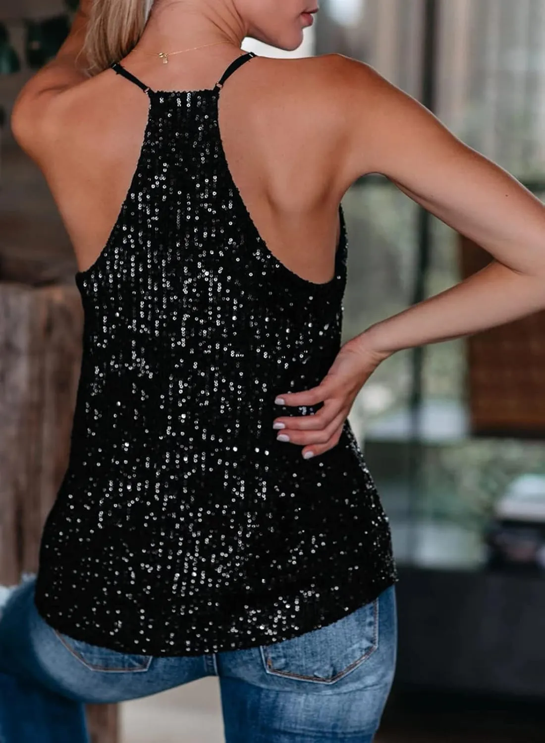 miduo Womens Tank Tops Casual Fashion V Neck Strappy Sequin Sparkle Shimmer Camisole Sleeveless Tanks Tops