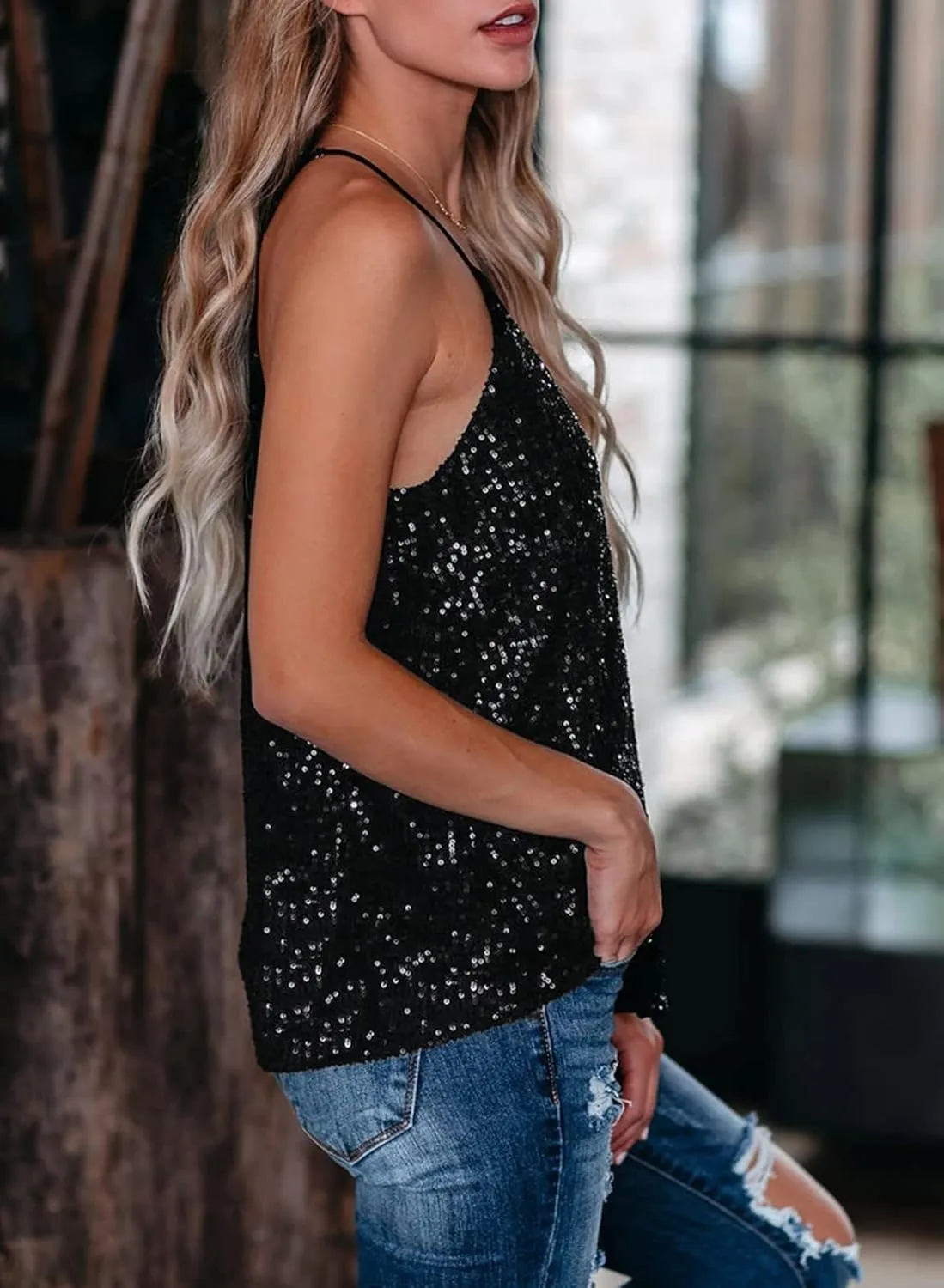 miduo Womens Tank Tops Casual Fashion V Neck Strappy Sequin Sparkle Shimmer Camisole Sleeveless Tanks Tops