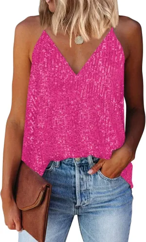 miduo Womens Tank Tops Casual Fashion V Neck Strappy Sequin Sparkle Shimmer Camisole Sleeveless Tanks Tops