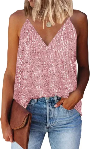 miduo Womens Tank Tops Casual Fashion V Neck Strappy Sequin Sparkle Shimmer Camisole Sleeveless Tanks Tops