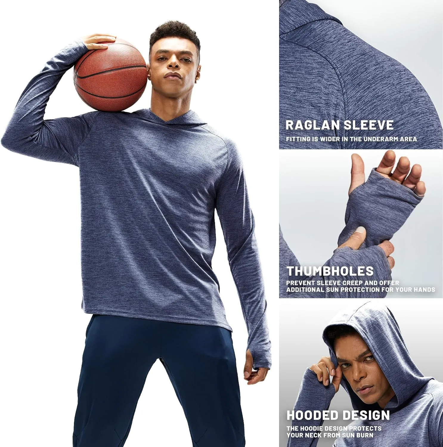 MIER Men's UPF 50  Sun Protection Hoodie Long Sleeve SPF Fishing Hiking Running Thumbhole Shirts Hooded Quick Dry Lightweight