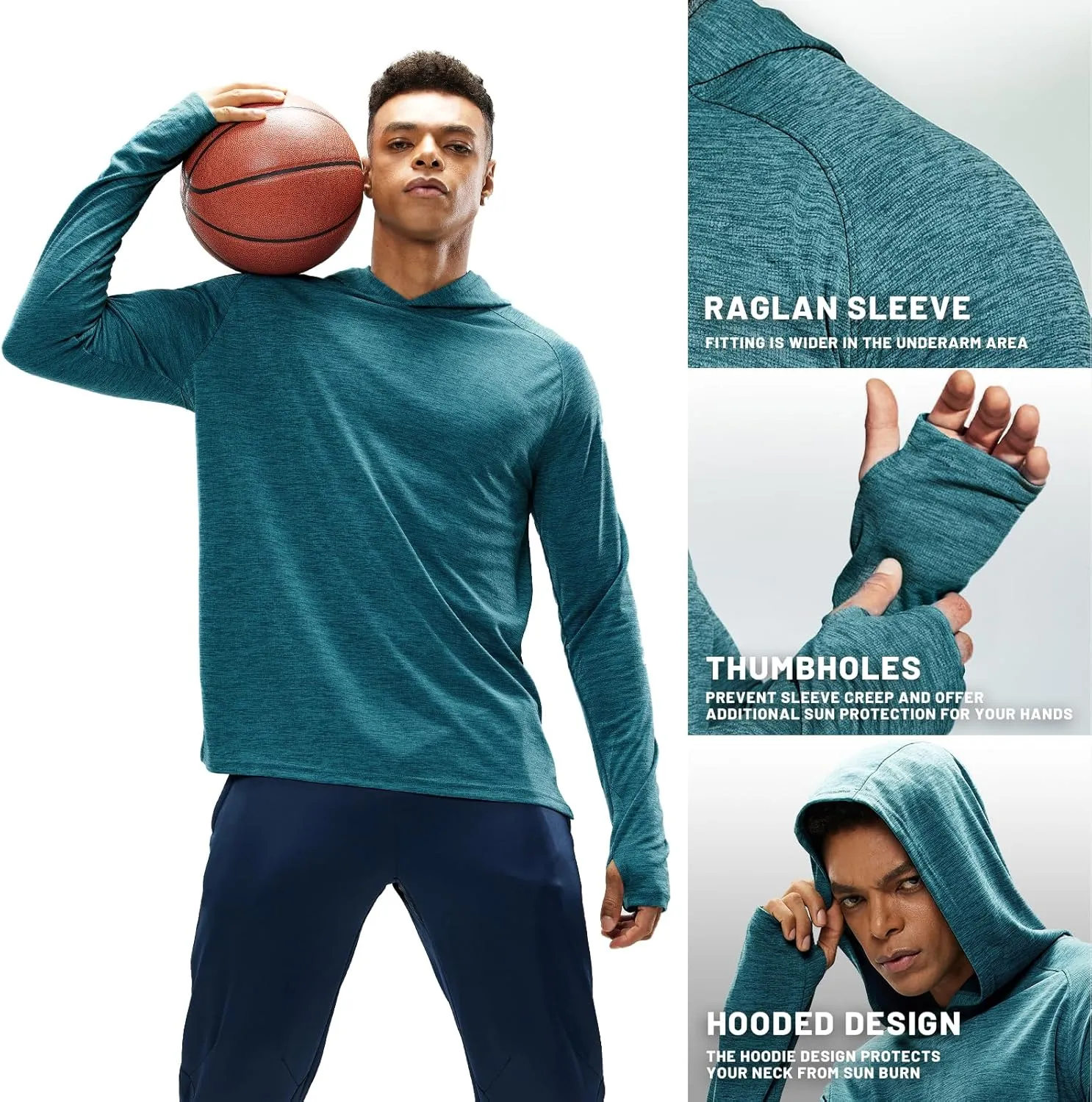 MIER Men's UPF 50  Sun Protection Hoodie Long Sleeve SPF Fishing Hiking Running Thumbhole Shirts Hooded Quick Dry Lightweight
