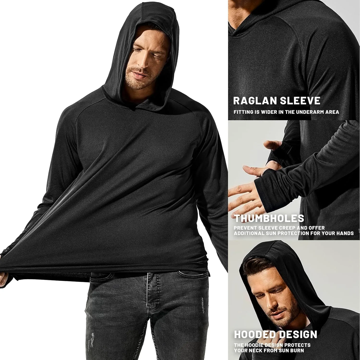 MIER Men's UPF 50  Sun Protection Hoodie Long Sleeve SPF Fishing Hiking Running Thumbhole Shirts Hooded Quick Dry Lightweight
