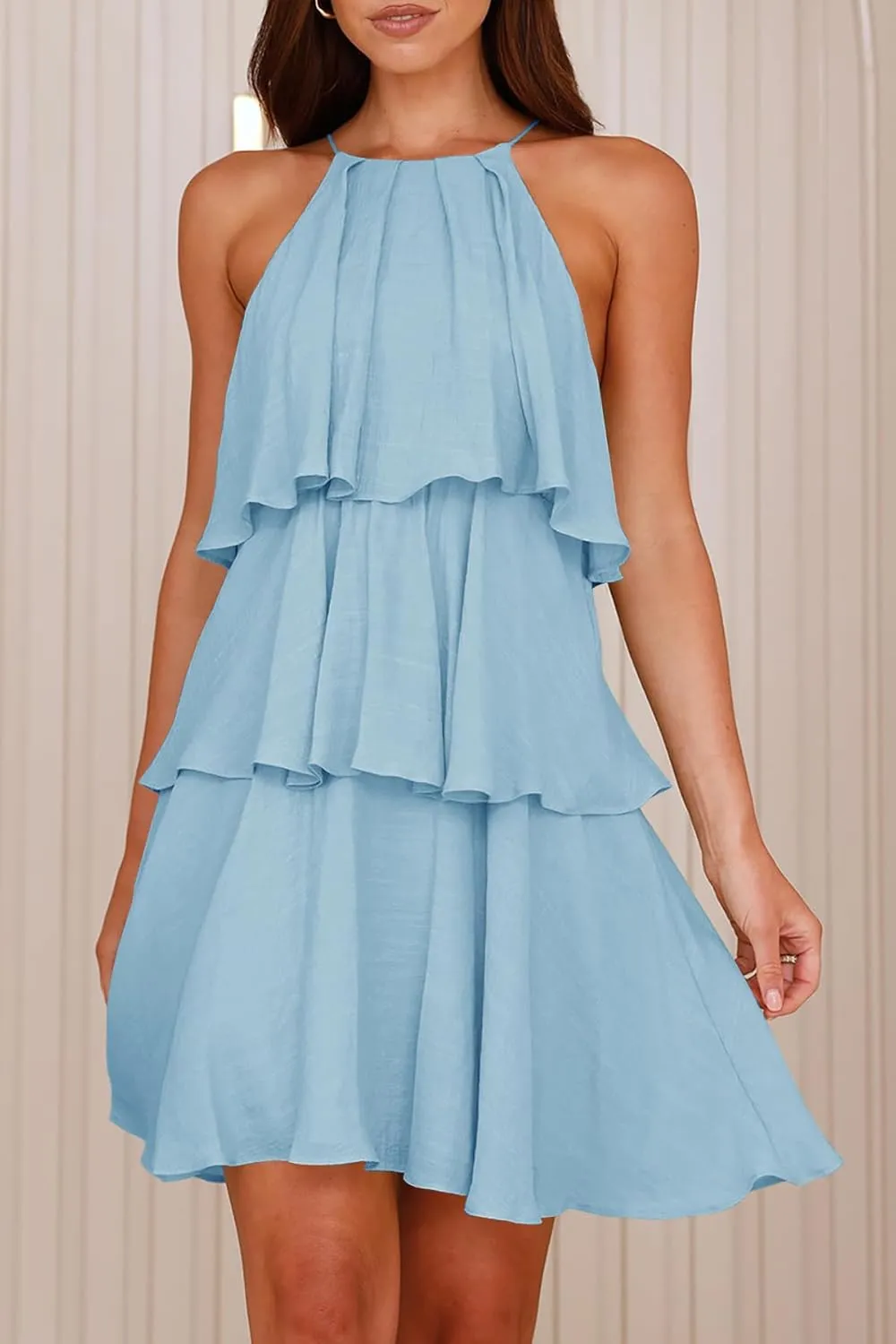 MITILLY Womens Summer 2025 Casual Sleeveless Halter Ruffle Tiered Layered Swing Mini Dress Beach Vacation Sundress