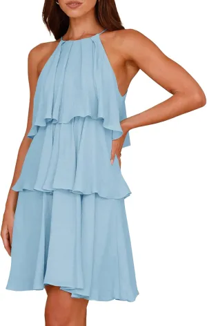 MITILLY Womens Summer 2025 Casual Sleeveless Halter Ruffle Tiered Layered Swing Mini Dress Beach Vacation Sundress