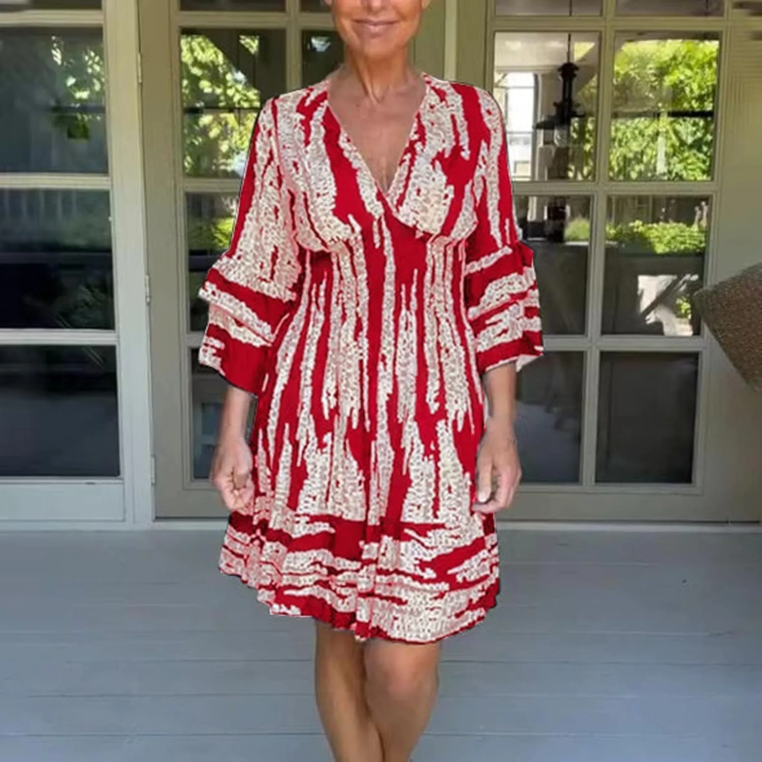 Miyaomn Women's Casual Print V Neck Summer Dresses Smocked Waist Long Sleeve Sundress Ruffled Flowy Beach Vacation Midi Dress