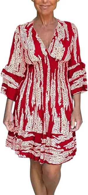 Miyaomn Women's Casual Print V Neck Summer Dresses Smocked Waist Long Sleeve Sundress Ruffled Flowy Beach Vacation Midi Dress