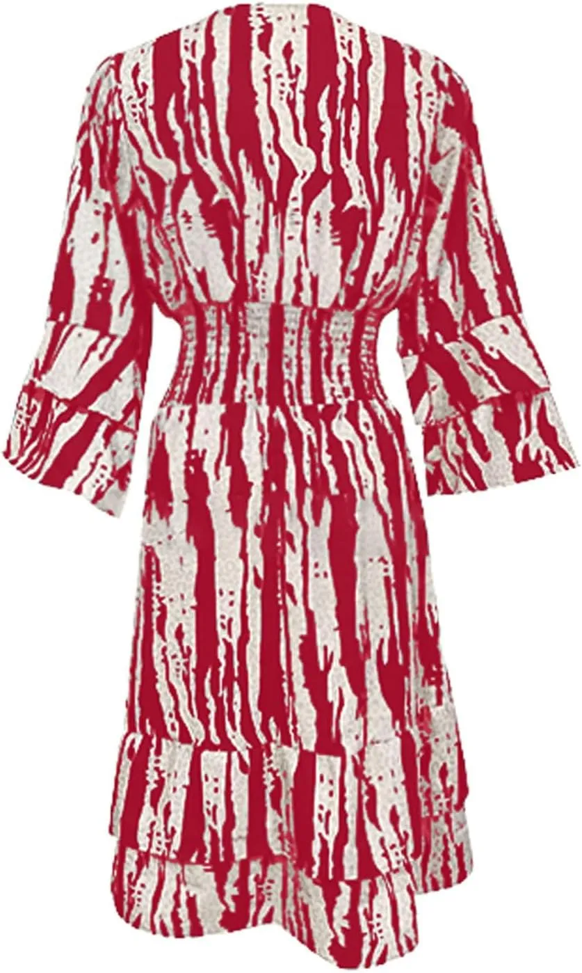 Miyaomn Women's Casual Print V Neck Summer Dresses Smocked Waist Long Sleeve Sundress Ruffled Flowy Beach Vacation Midi Dress