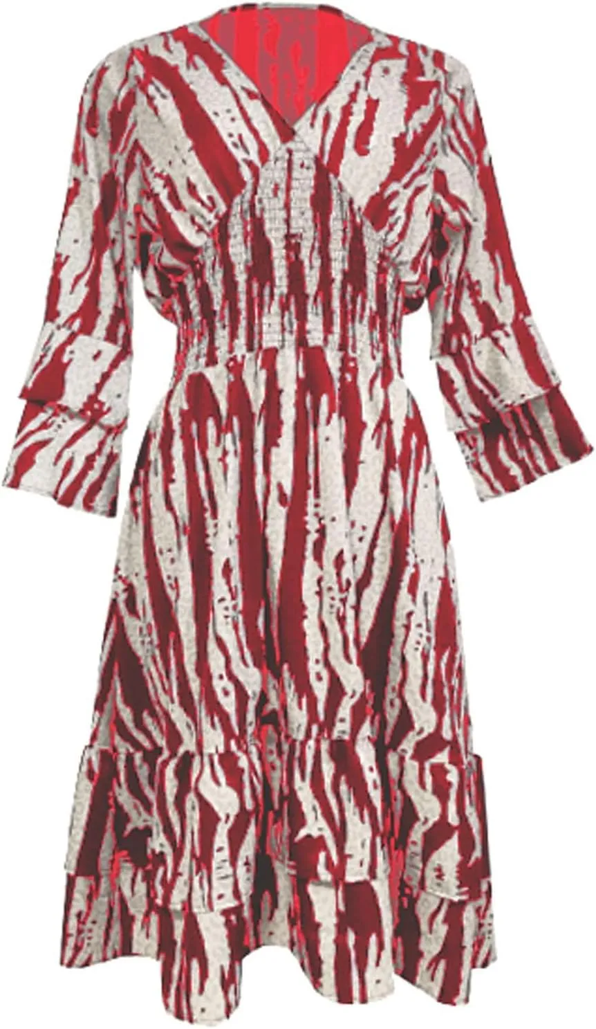 Miyaomn Women's Casual Print V Neck Summer Dresses Smocked Waist Long Sleeve Sundress Ruffled Flowy Beach Vacation Midi Dress