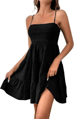 Miyaomn Women's Ruffle Spaghetti Strap Mini Dress Casual Solid A-Line Square Neck Sleeveless Smocked Tiered Flowy Sundresses