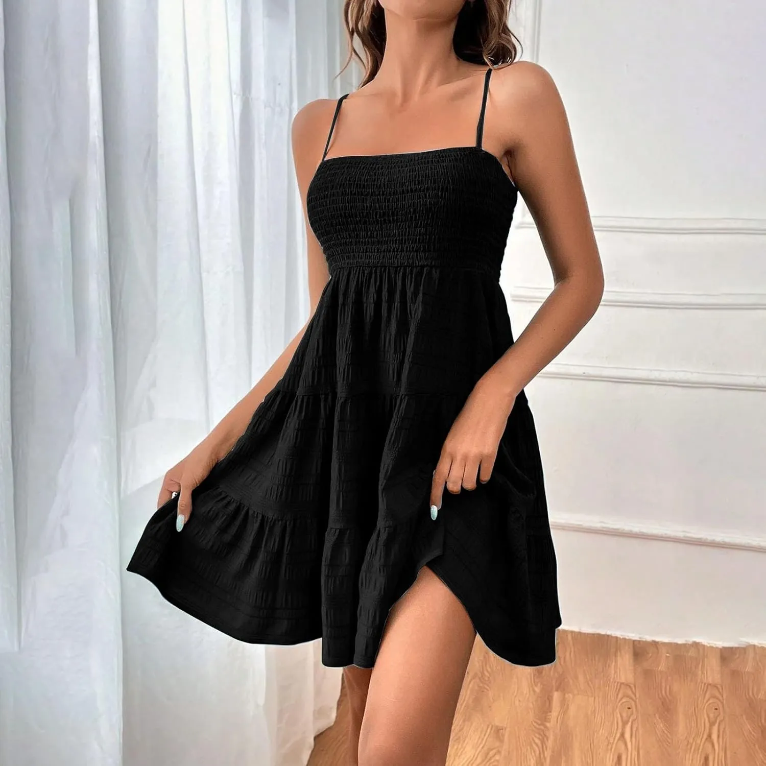 Miyaomn Women's Ruffle Spaghetti Strap Mini Dress Casual Solid A-Line Square Neck Sleeveless Smocked Tiered Flowy Sundresses
