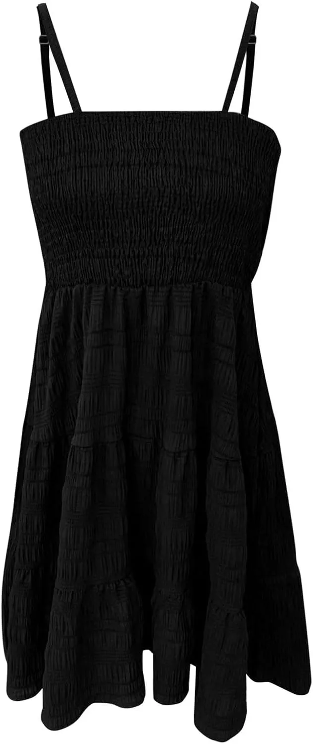 Miyaomn Women's Ruffle Spaghetti Strap Mini Dress Casual Solid A-Line Square Neck Sleeveless Smocked Tiered Flowy Sundresses